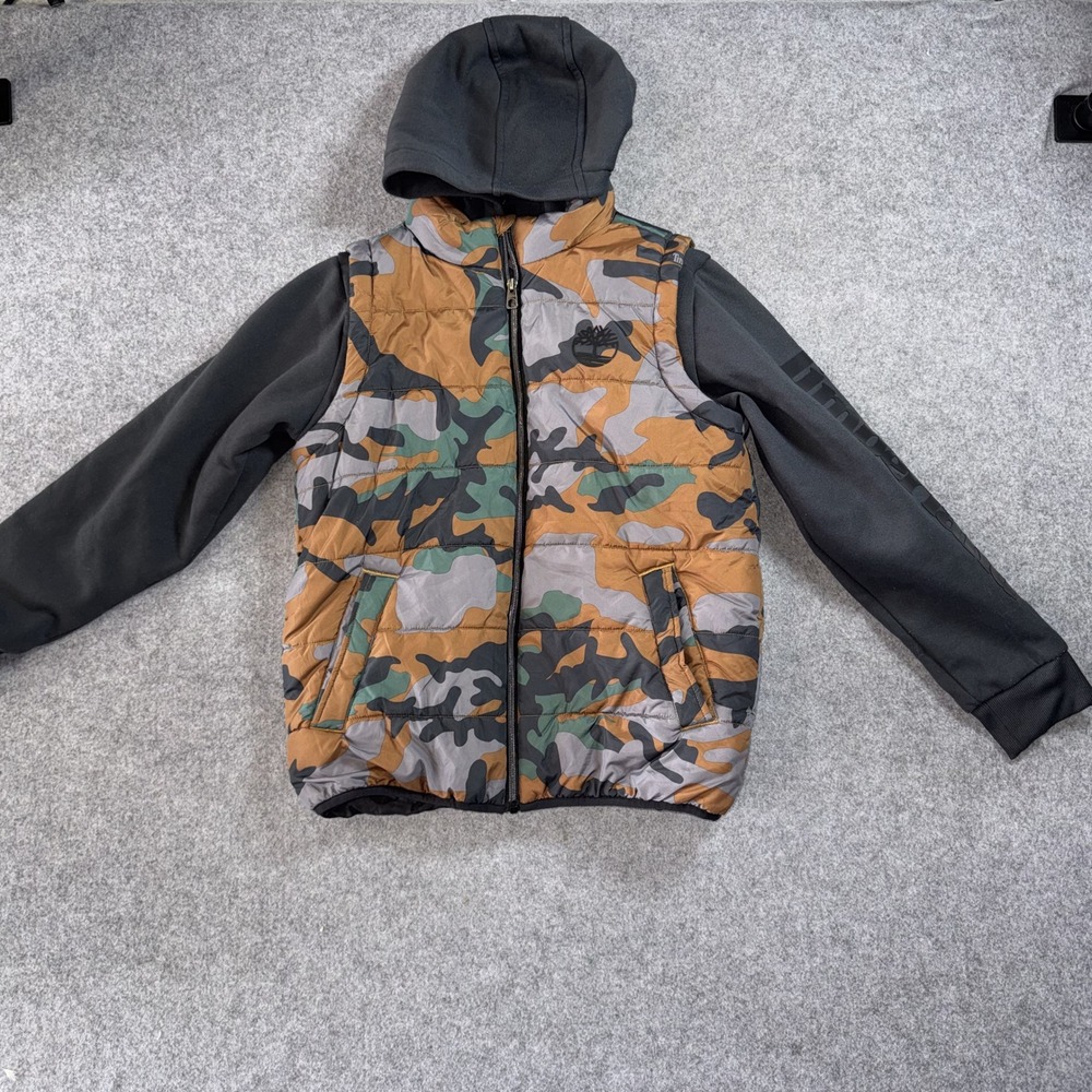 Timberland Hybrid Puffer Hoodie Boys L 14/16 Camo Quilted Full Zip Jacket